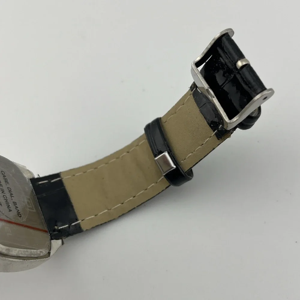 QBOS Watch Women‎ 30mm Silver Case Black Faux Leather Band- New Battery